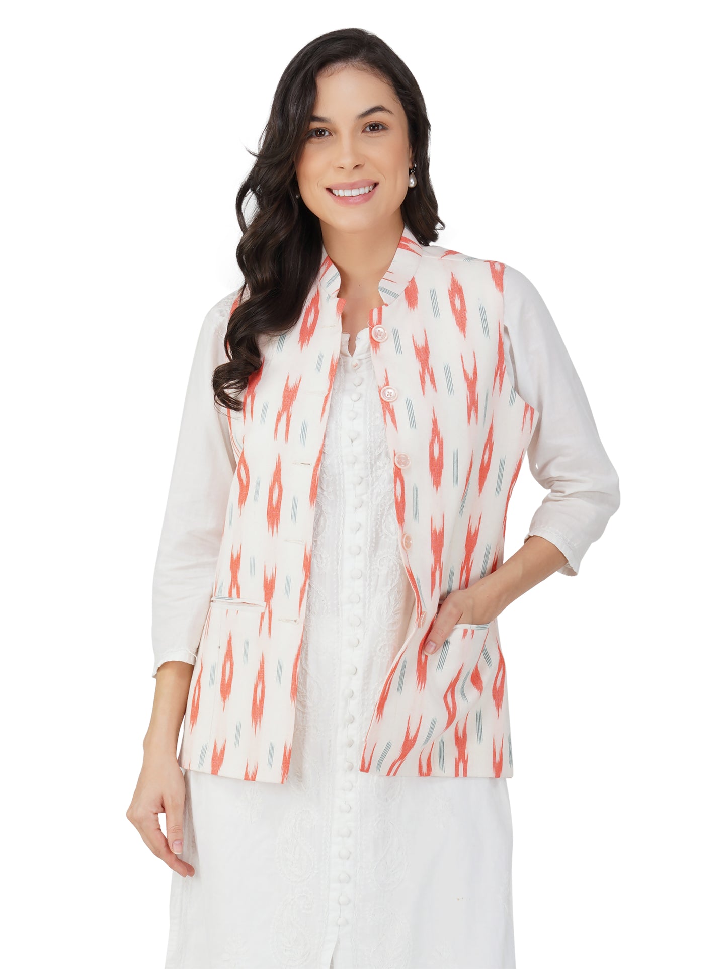 Ladies Modi Nehru Jacket / Waistcoat - Khadi Look in Mix Ikat Patterns Jacket