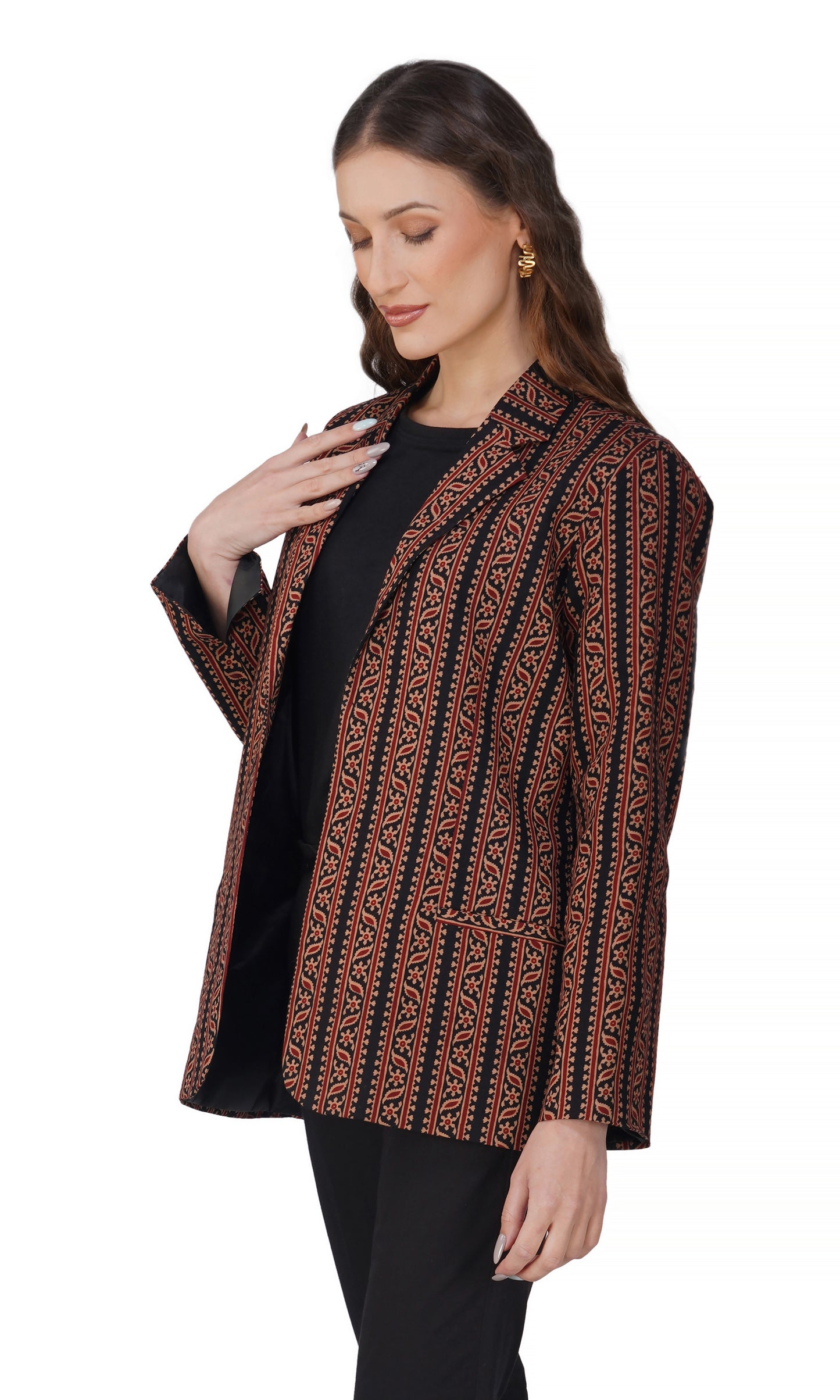 Vastraa Fusion Ladies Block Printed Single Breasted Blazer Pockets Regular Fit Stylish Blazer for Women