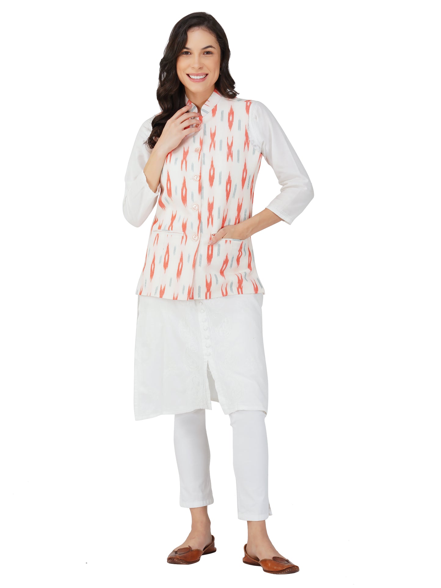Ladies Modi Nehru Jacket / Waistcoat - Khadi Look in Mix Ikat Patterns Jacket