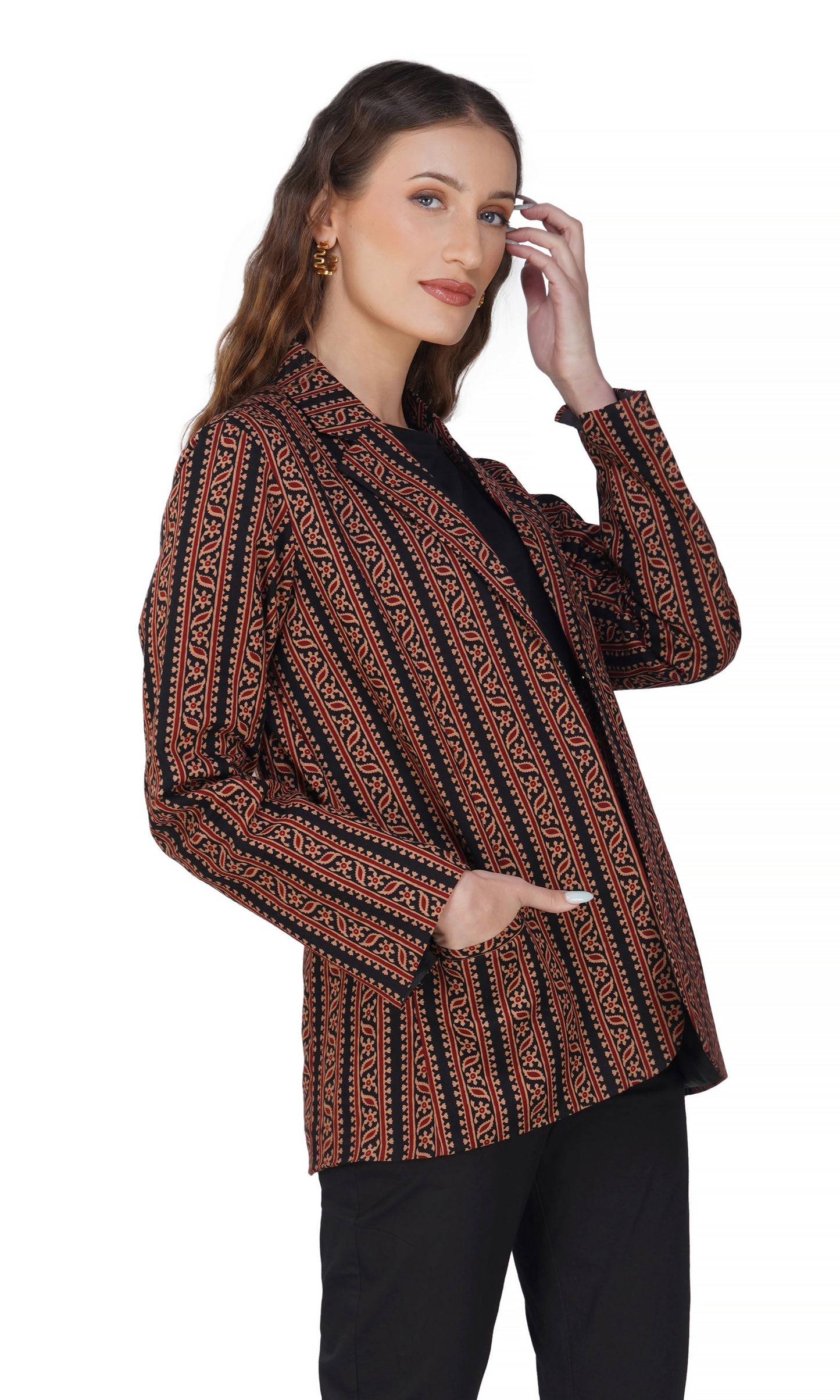 Vastraa Fusion Ladies Block Printed Single Breasted Blazer Pockets Regular Fit Stylish Blazer for Women