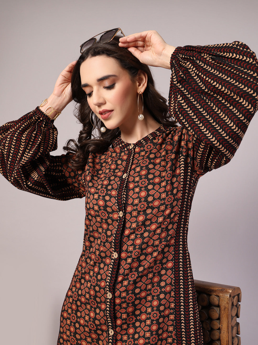 Vastraa Fusion Cotton Geometric Printed Button-Down Dress with Bishop Sleeves