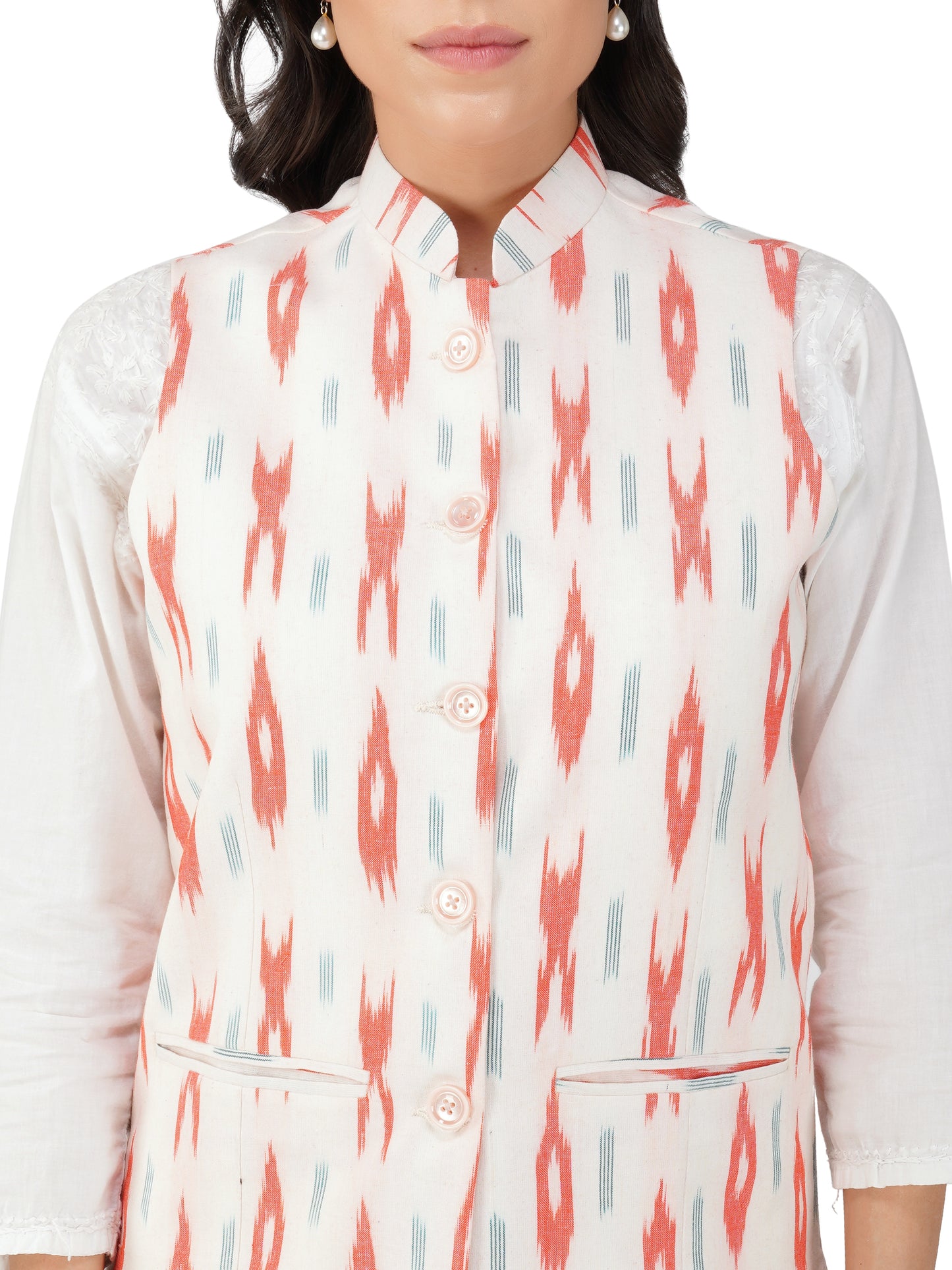 Ladies Modi Nehru Jacket / Waistcoat - Khadi Look in Mix Ikat Patterns Jacket
