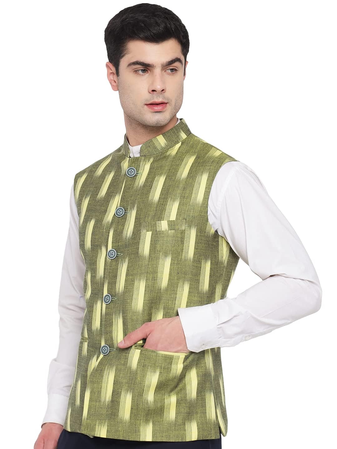 Vastraa Fusion Modi Jacket / Waistcoat - Khadi Look in Mix Ikat Patterns - South Cotton Nehru Jacket