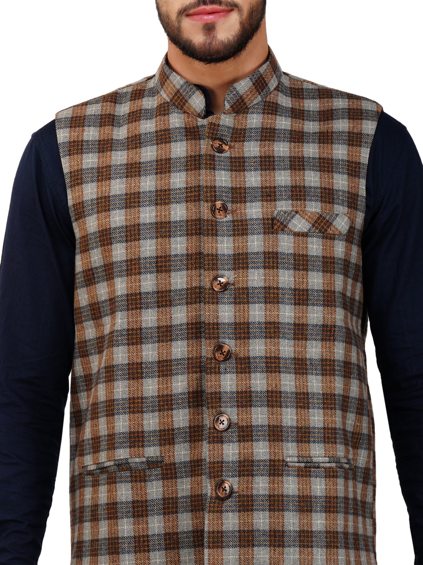 Vastraa Fusion Modi Jacket Waistcoat Checks Pattern Woolen Nehru Jacket