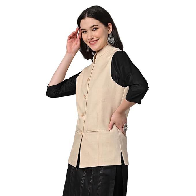 Vastraa Fusion Solid Indian Traditional Ethnic Waistcoat Festive Cotton Nehru Jacket for Women