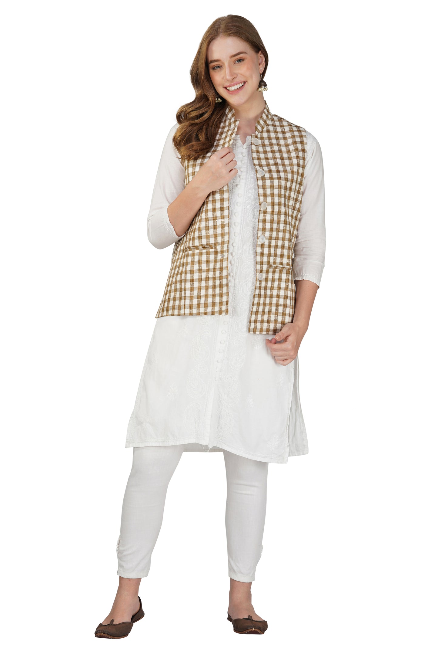 Womens Handloom Block Check Print Nehru Jacket