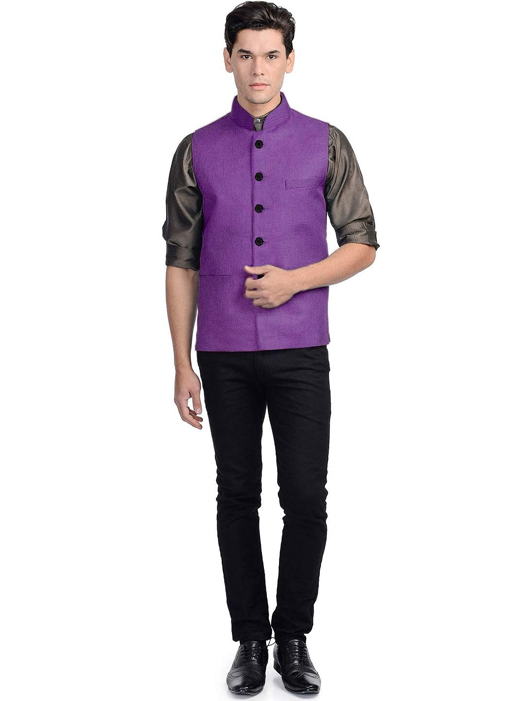 Vastraa Fusion Men's Indian Traditional Cotton Solid Nehru Jacket/Waistcoat