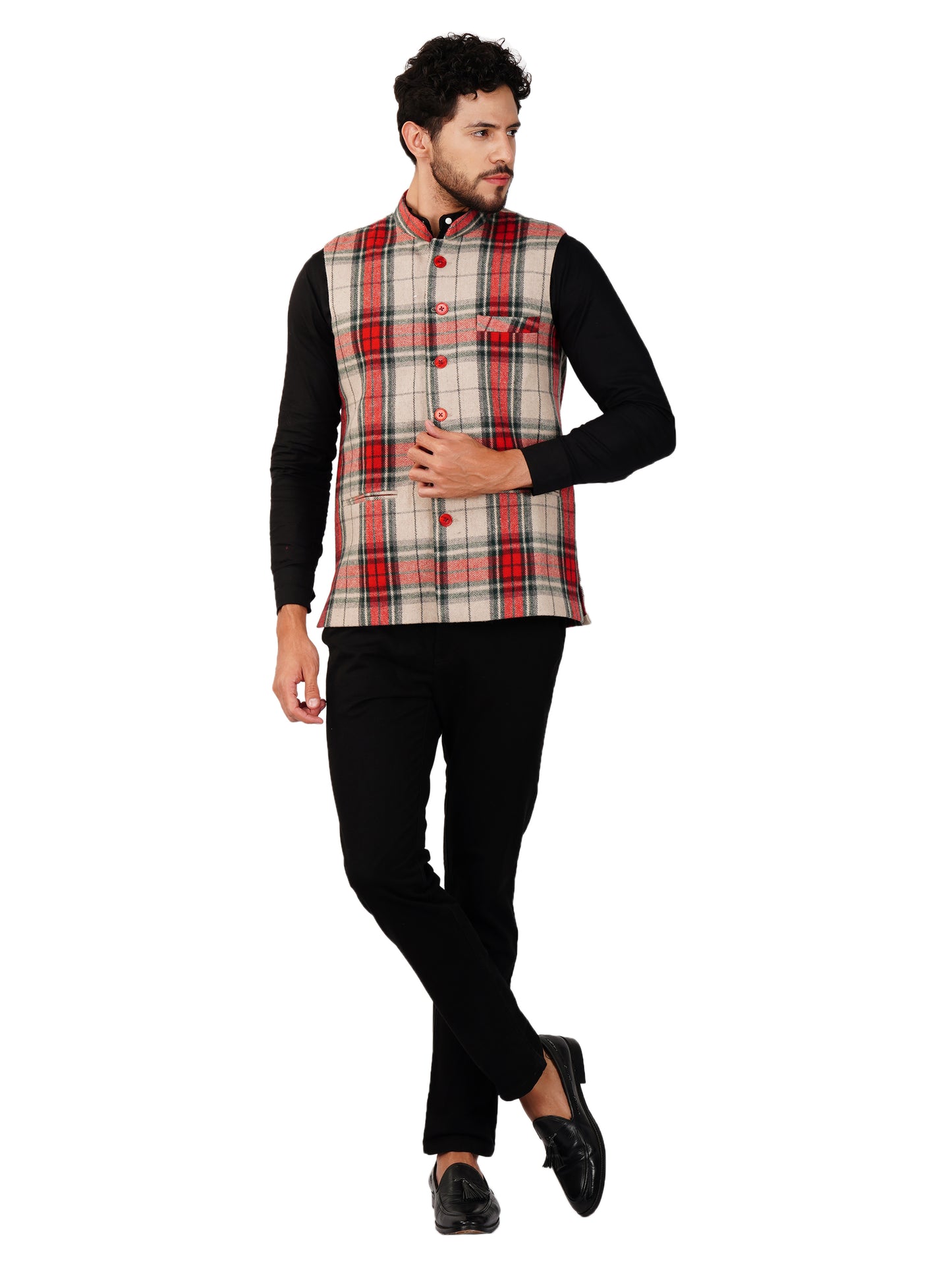 Vastraa Fusion Modi Jacket Waistcoat Checks Pattern Woolen Nehru Jacket