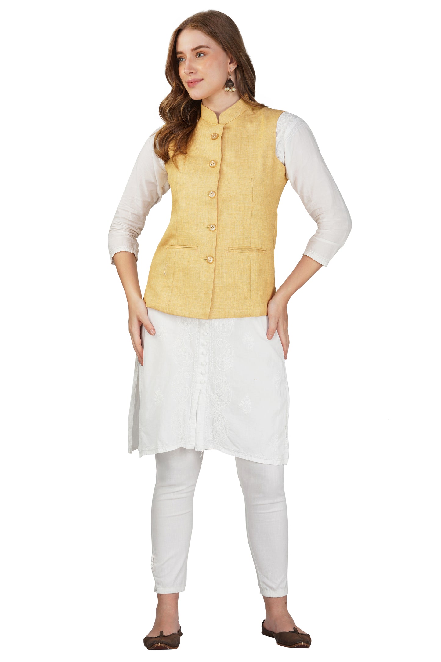 Vastraa Fusion Ladies Modi Jacket / Waistcoat - Plain Solid Colors - Cotton Mix Nehru Jacket