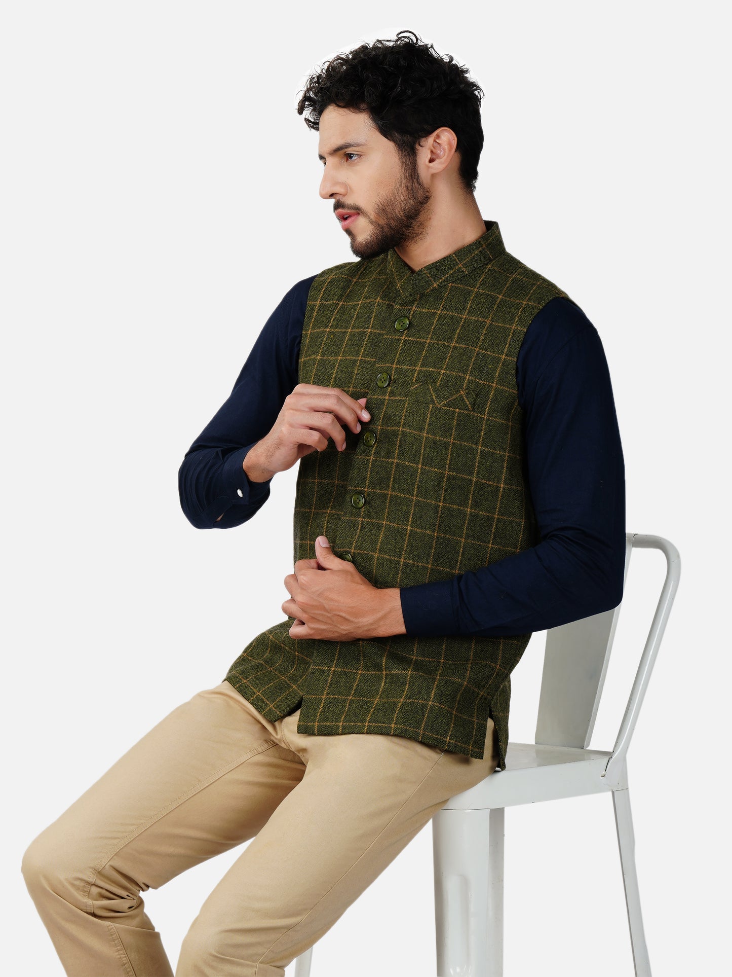 Vastraa Fusion Modi Jacket Waistcoat Checks Pattern Woolen Nehru Jacket