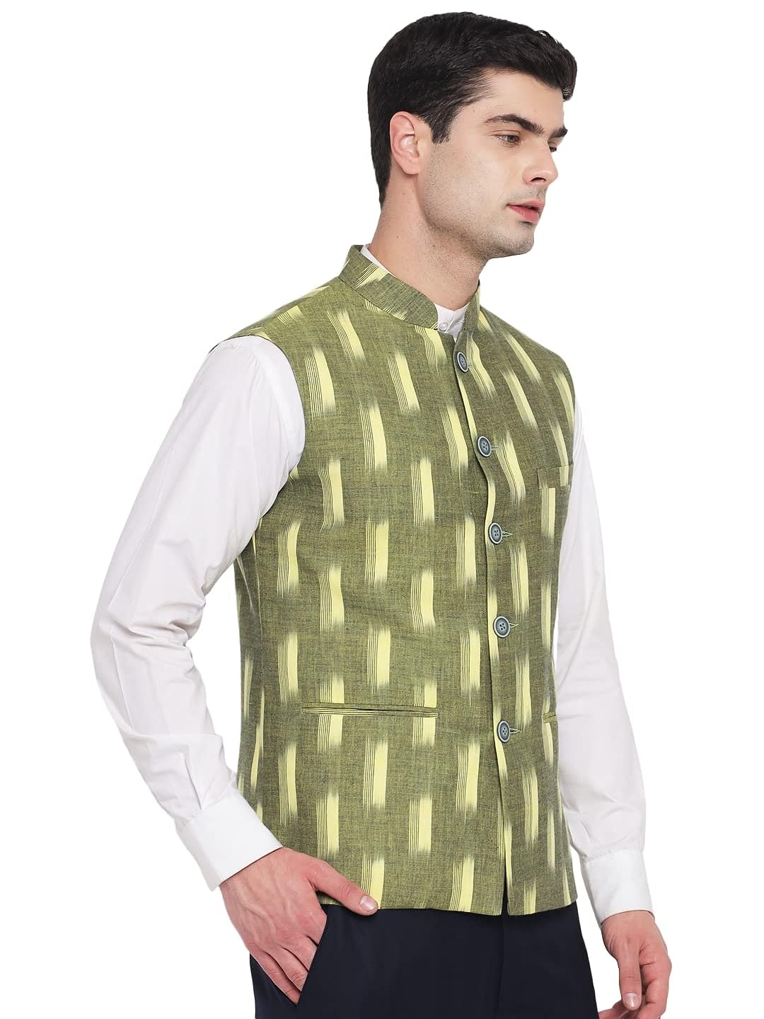 Vastraa Fusion Modi Jacket / Waistcoat - Khadi Look in Mix Ikat Patterns - South Cotton Nehru Jacket