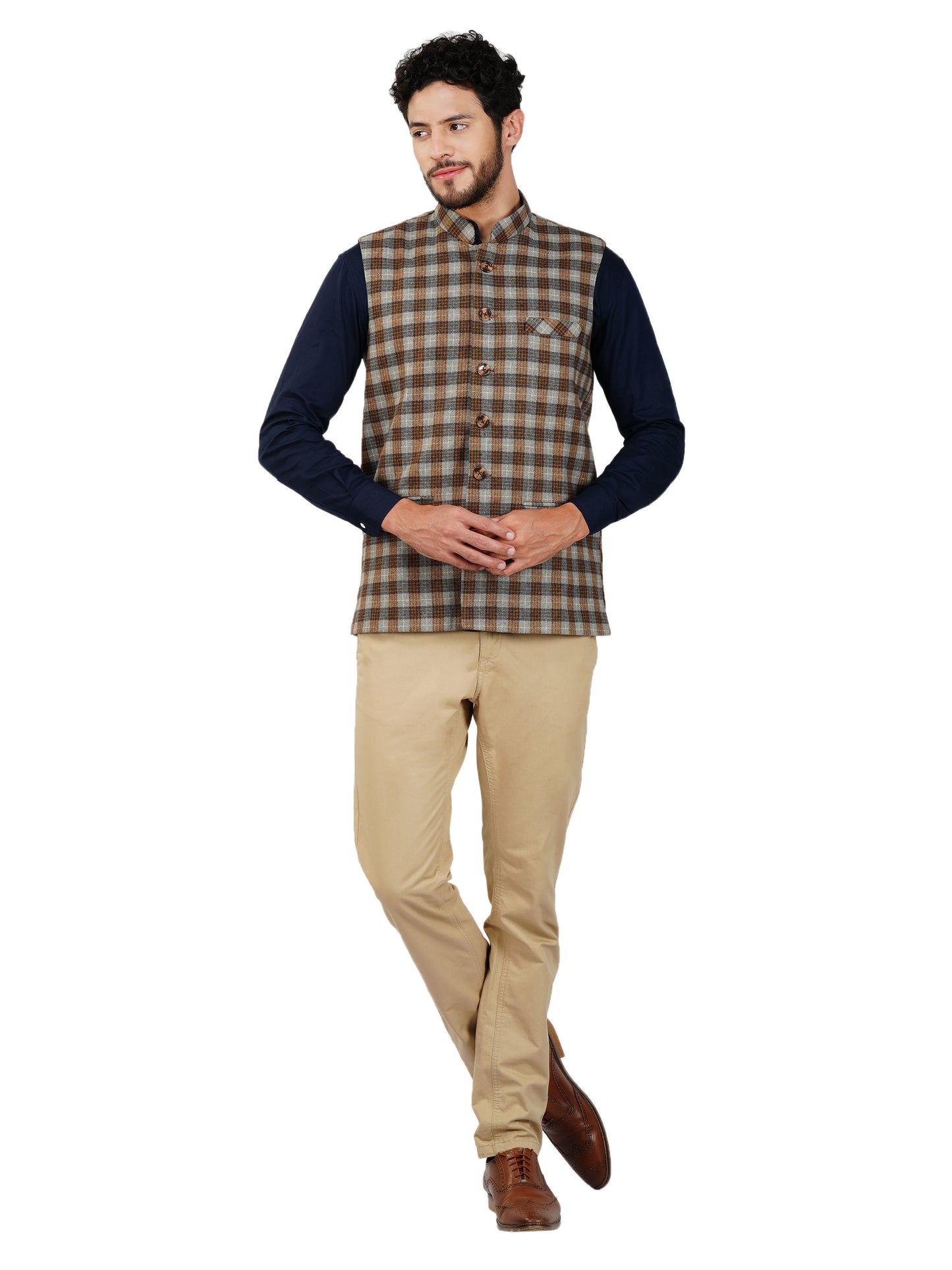 Vastraa Fusion Modi Jacket Waistcoat Checks Pattern Woolen Nehru Jacket