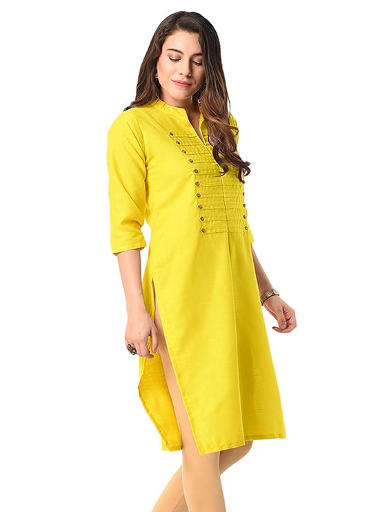 Vastraa Fusion Women's Khadi Yellow Casual Solid Both Side Button Cotton Kurti with Stitched Parallel Matching Stripes