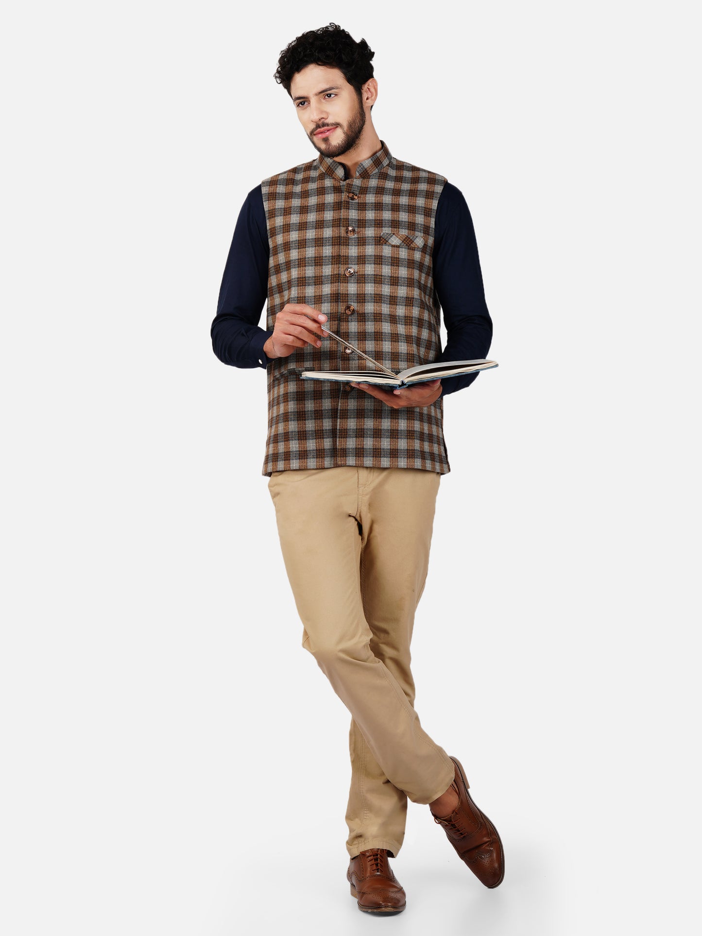 Vastraa Fusion Modi Jacket Waistcoat Checks Pattern Woolen Nehru Jacket