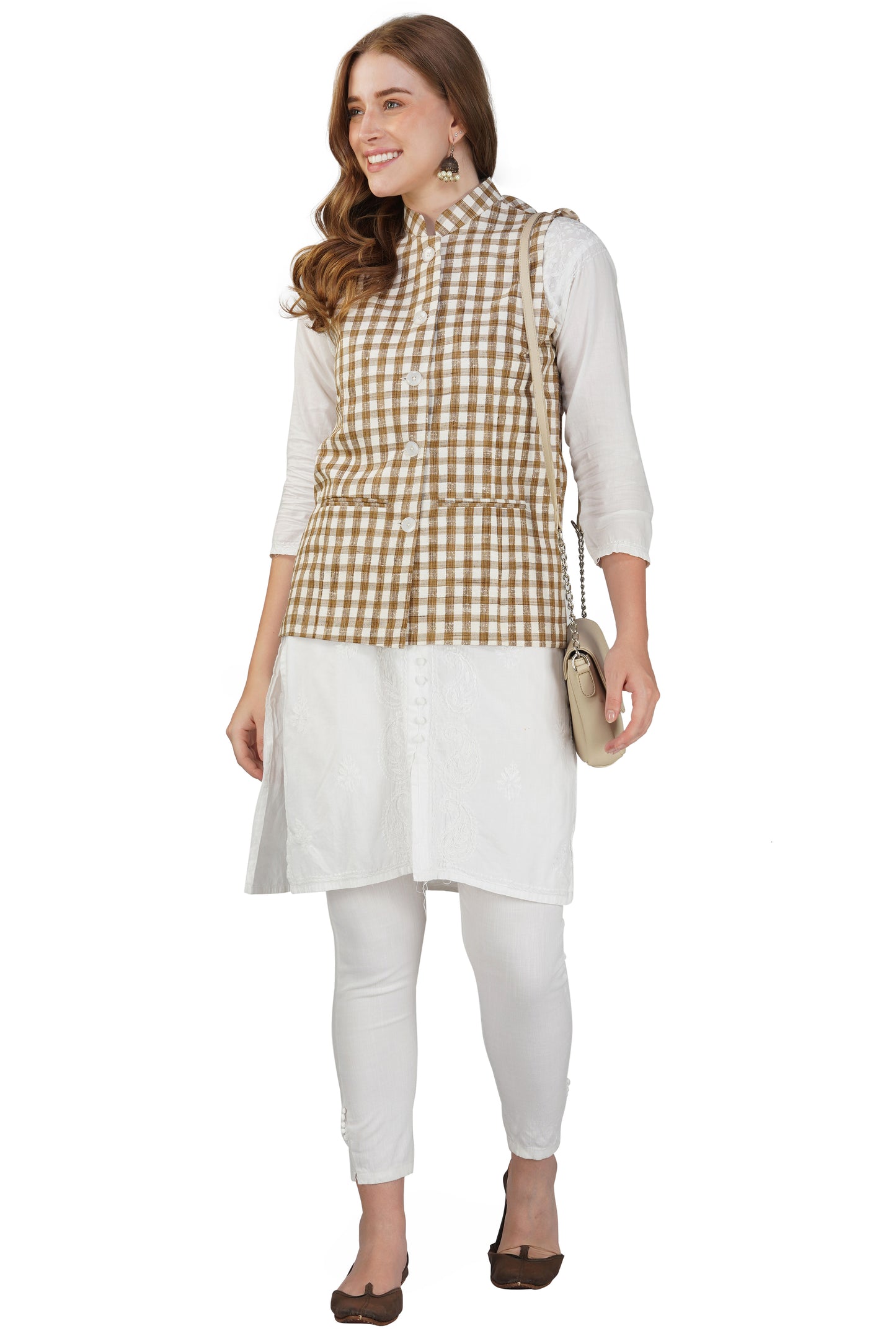 Womens Handloom Block Check Print Nehru Jacket