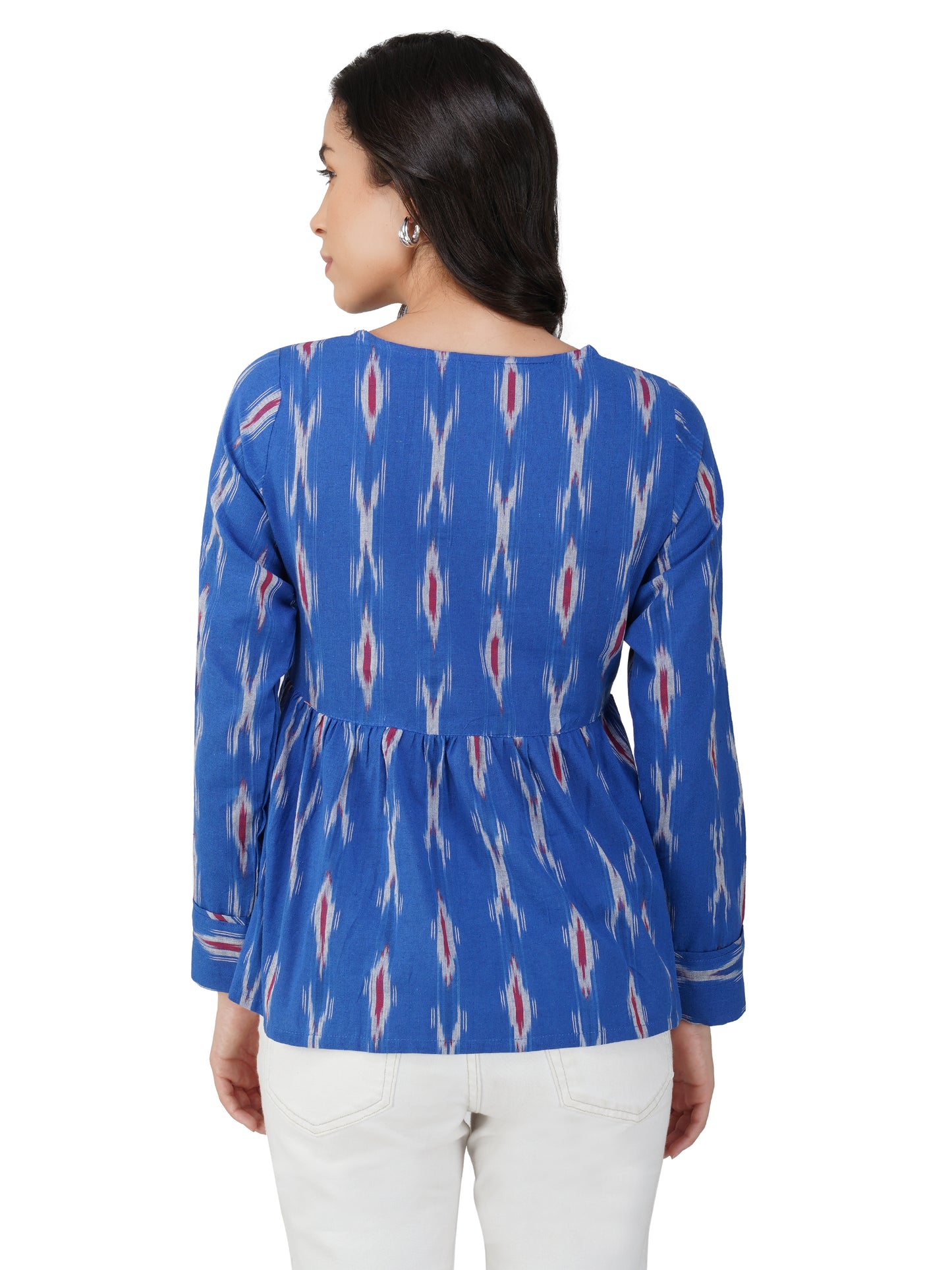 Vastraa Fusion Ikat Pattern Pure Cotton Flared Crop Top for Girls/Women