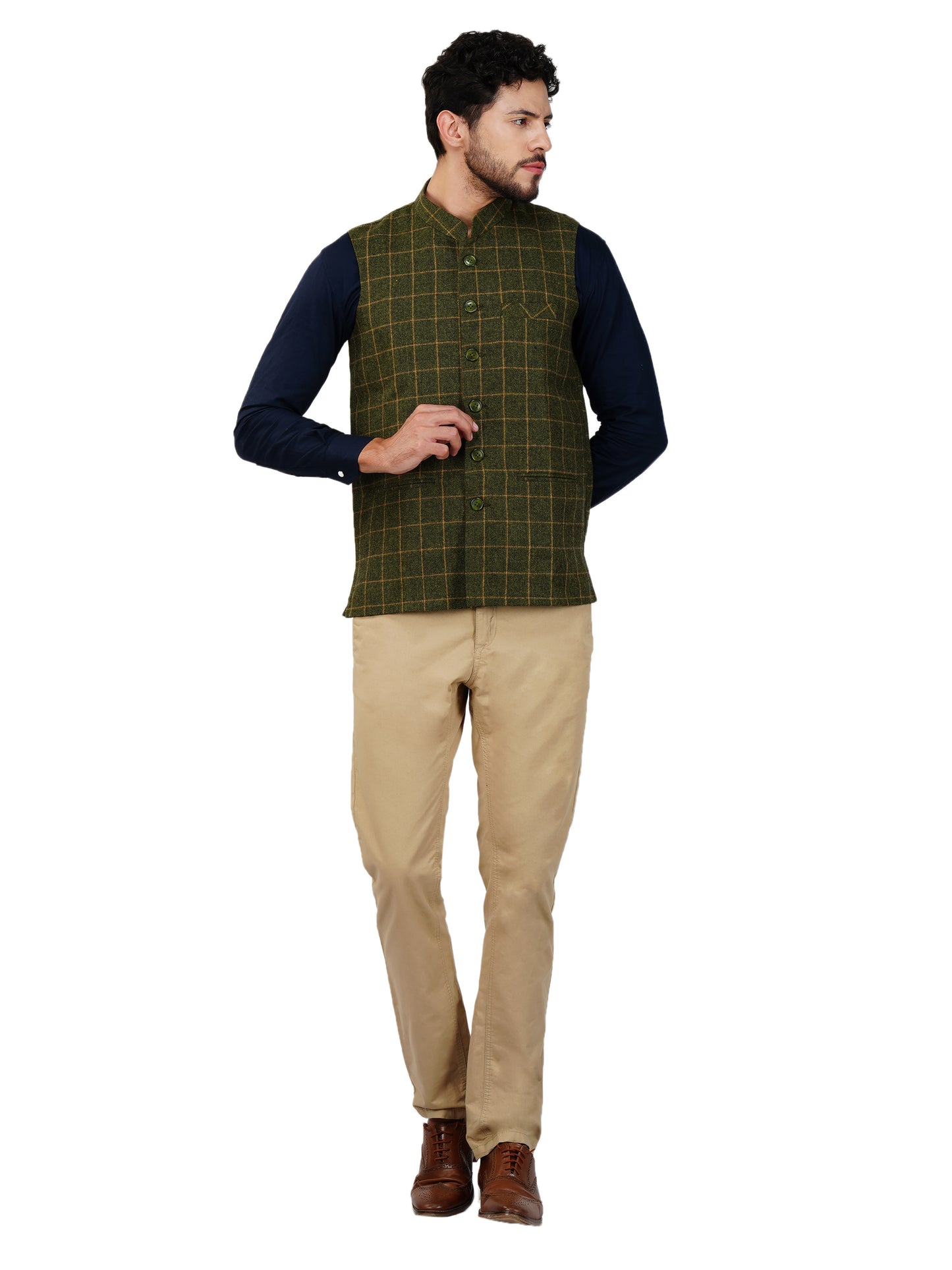 Vastraa Fusion Modi Jacket Waistcoat Checks Pattern Woolen Nehru Jacket