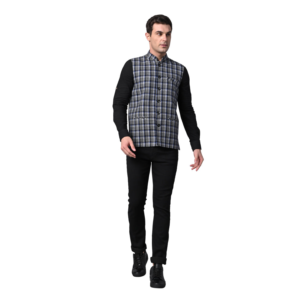 Vastraa Fusion Modi Jacket Waistcoat Checks Pattern Woolen Nehru Jacket