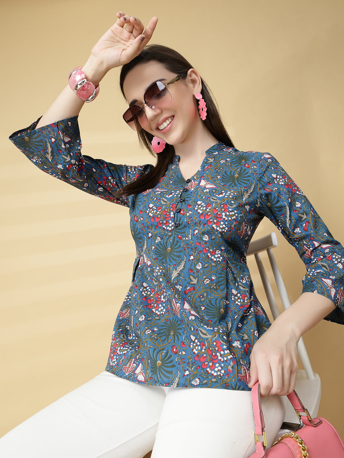 Vastraa Fusion Women Pure Cotton Printed Peplum Top with 3/4 Sleeves & V-Neck for Casual & Office Wear
