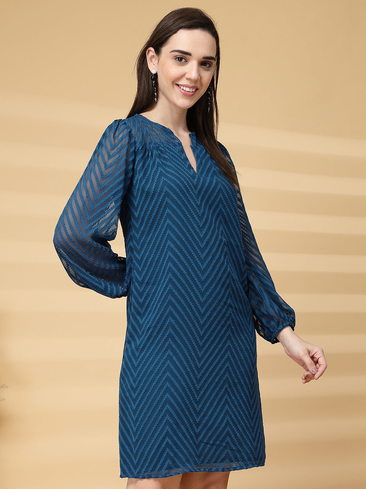 Vastraa Fusion Women's Georgette A-Line Dress with Cotton Lining Chevron Pattern