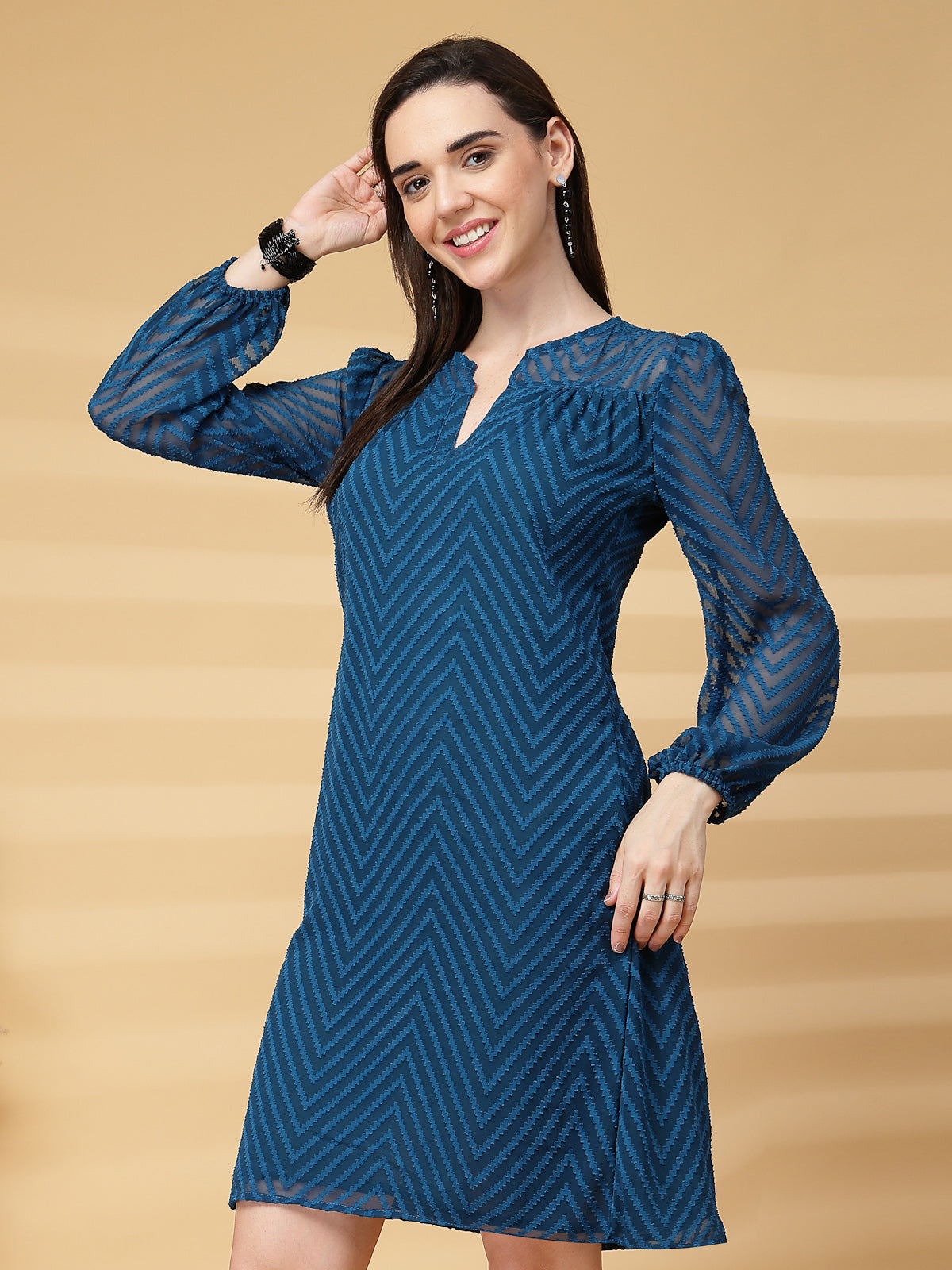 Vastraa Fusion Women's Georgette A-Line Dress with Cotton Lining Chevron Pattern