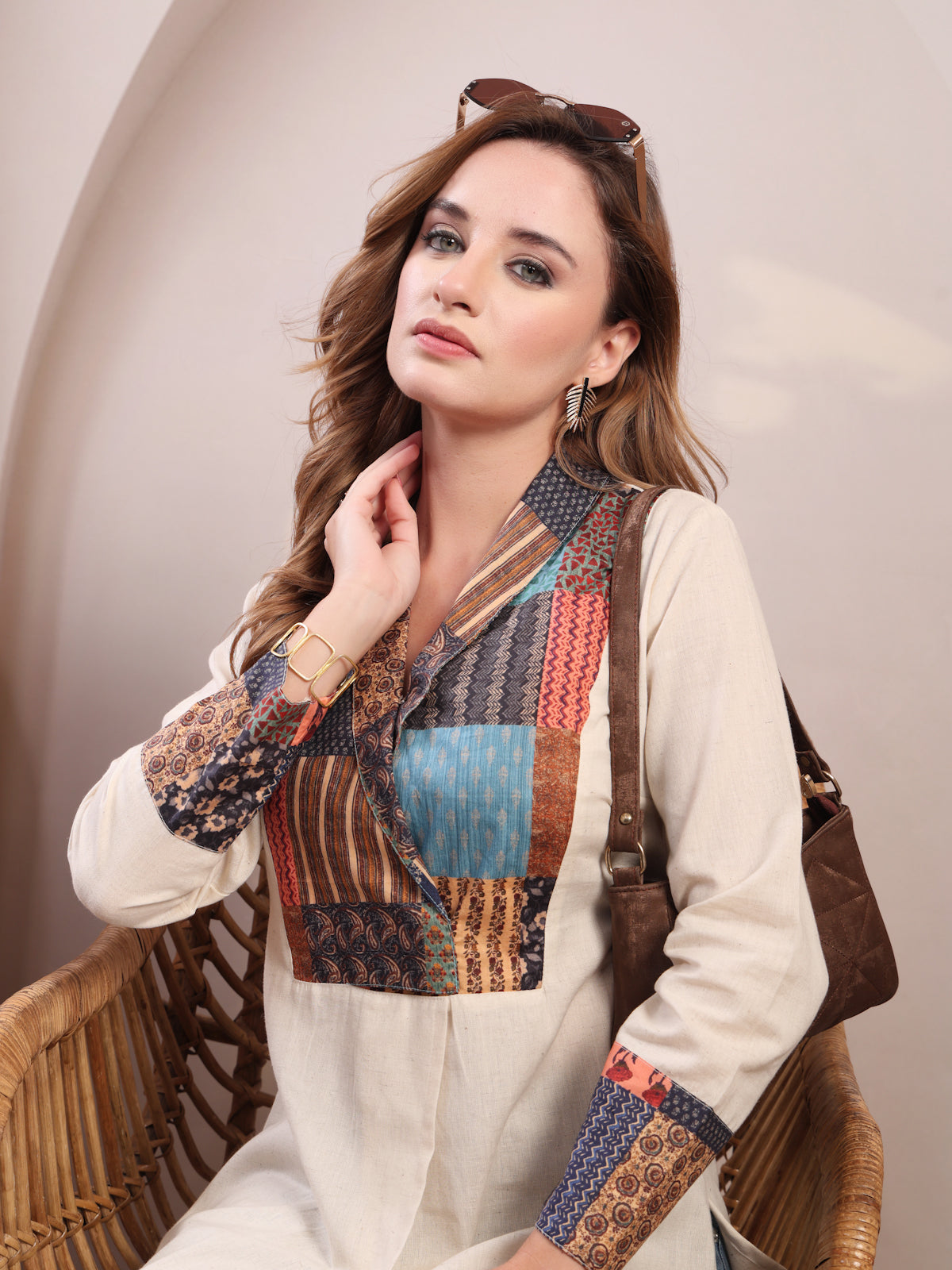 Vastraa Fusion Designer Printed Patchwork Straight Cotton Kurti for Women Casual & Office Wear