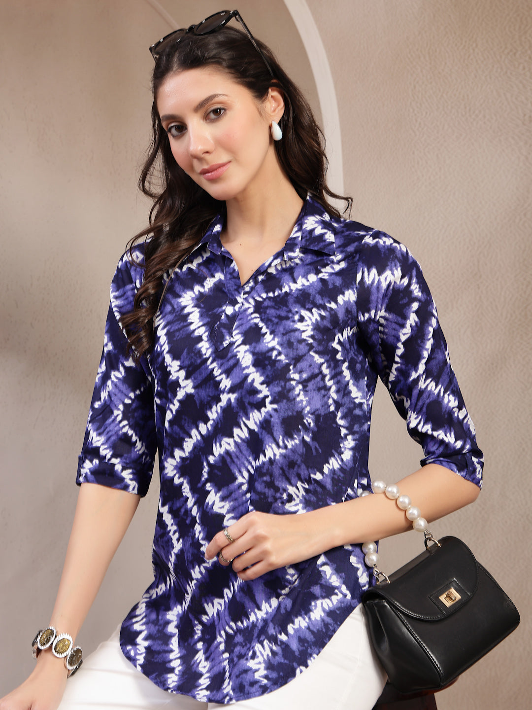 Vastraa Fusion Women’s Printed Casual Shirt Top |Abstract Print Casual Wear | Collared Neck | 3/4 Sleeve Regular Fit Top