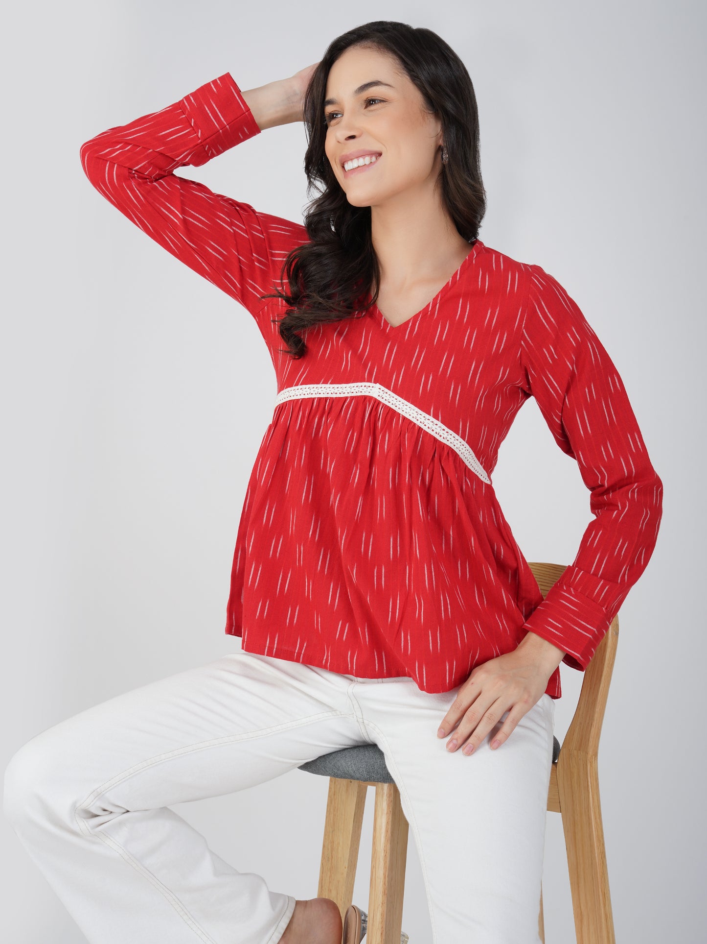 Vastraa Fusion Ikat Pattern Pure Cotton Flared Crop Top for Girls/Women