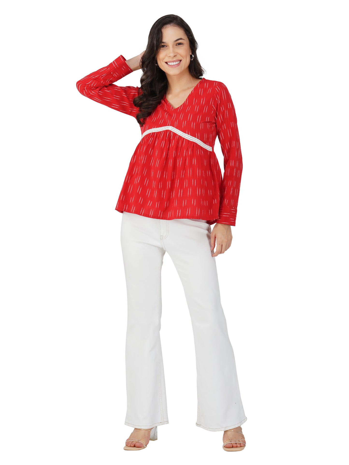 Vastraa Fusion Ikat Pattern Pure Cotton Flared Crop Top for Girls/Women