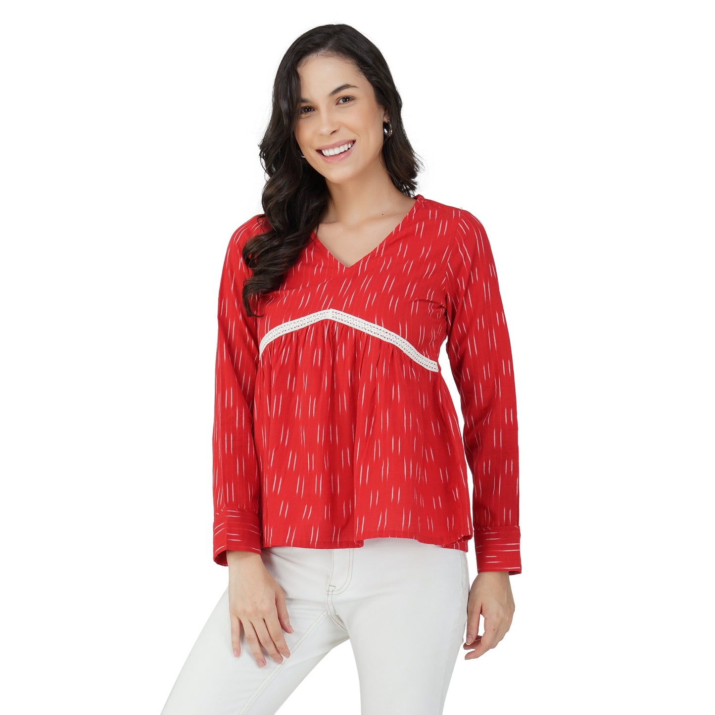 Vastraa Fusion Ikat Pattern Pure Cotton Flared Crop Top for Girls/Women