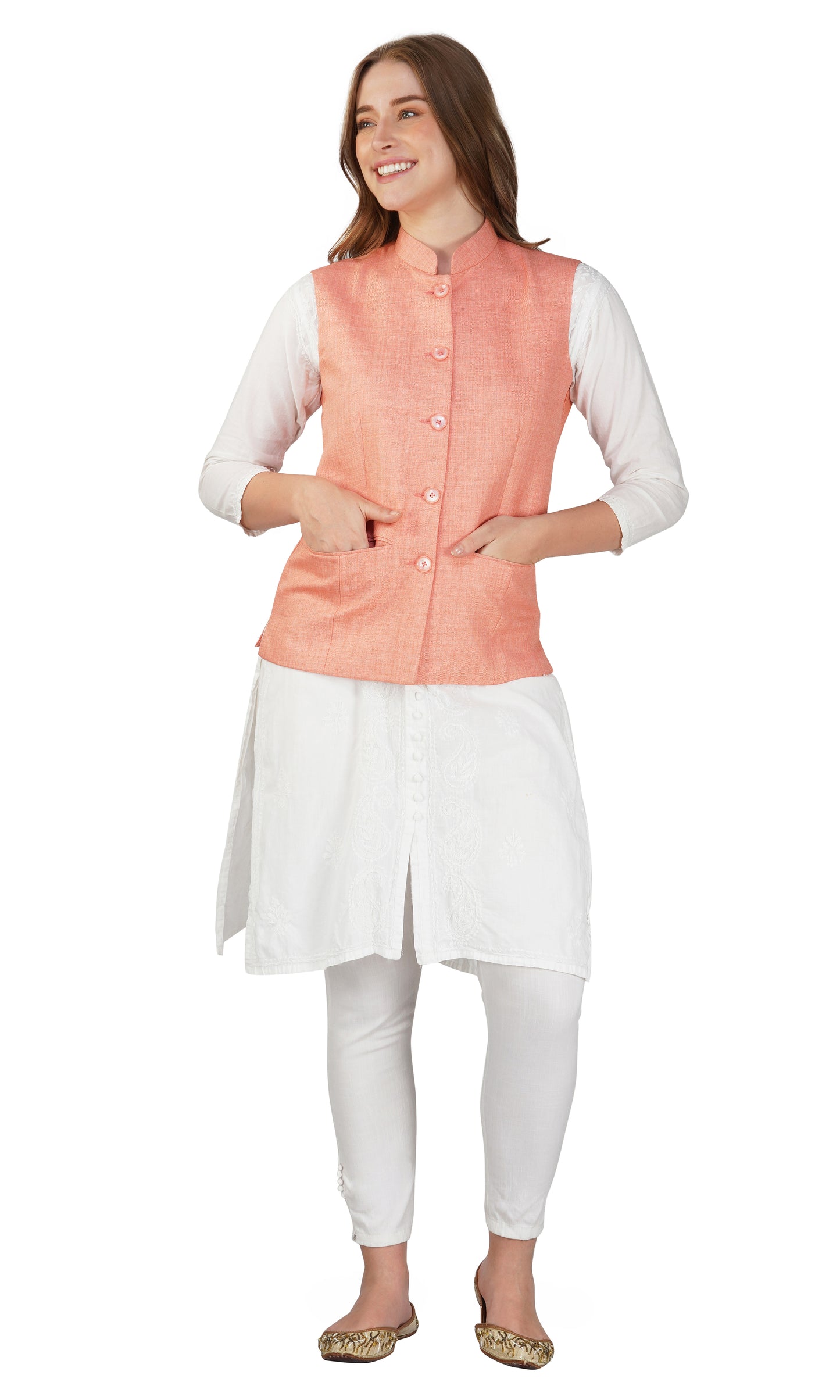 Vastraa Fusion Ladies Modi Jacket / Waistcoat - Plain Solid Colors - Cotton Mix Nehru Jacket