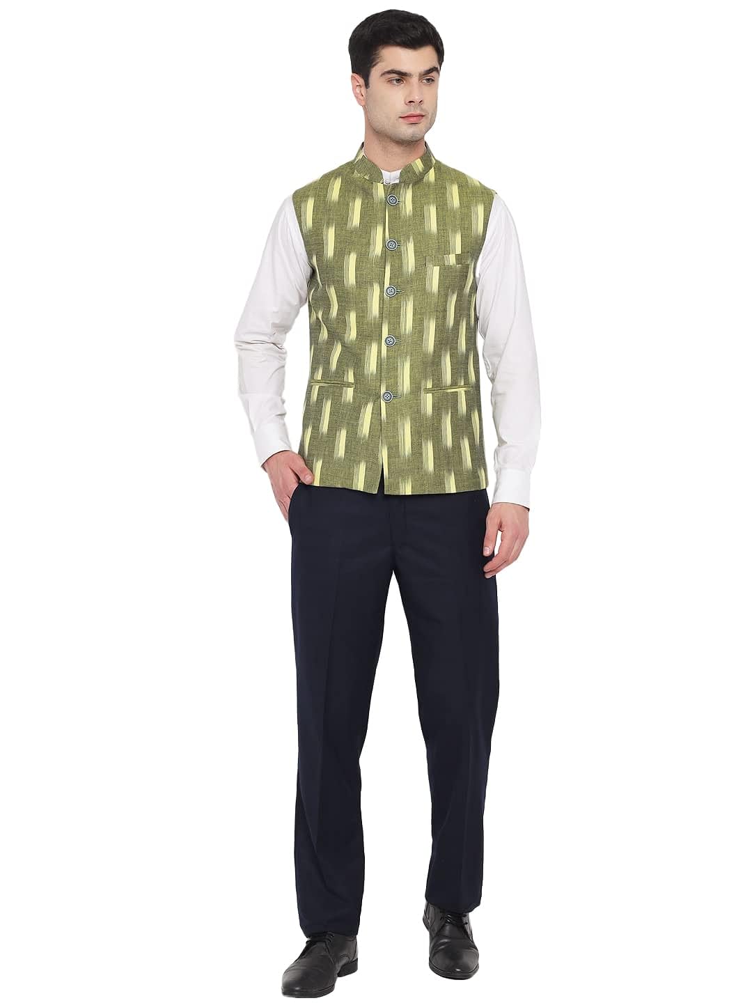 Vastraa Fusion Modi Jacket / Waistcoat - Khadi Look in Mix Ikat Patterns - South Cotton Nehru Jacket