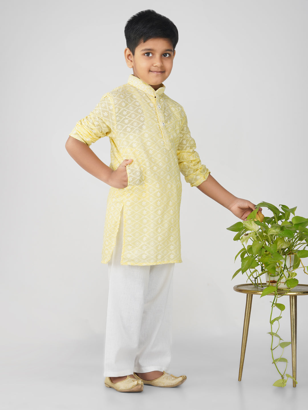 Vastraa Fusion Kid's Chikan Embroidery Kurta Pure Cotton Long Kurta