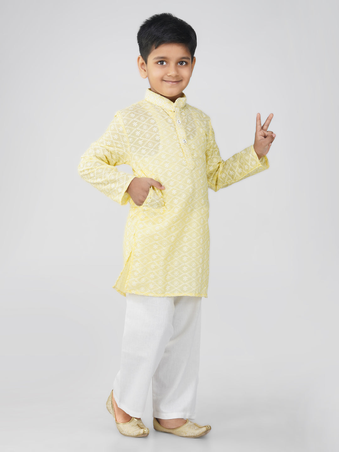 Vastraa Fusion Kid's Chikan Embroidery Kurta Pure Cotton Long Kurta
