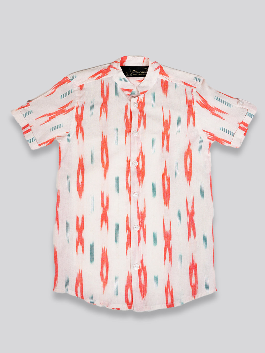 Vastraa Fusion Ikat Print Pure Cotton Spread Collar, Helf Sleeves, Button Shirt Casual Wear For Kid's