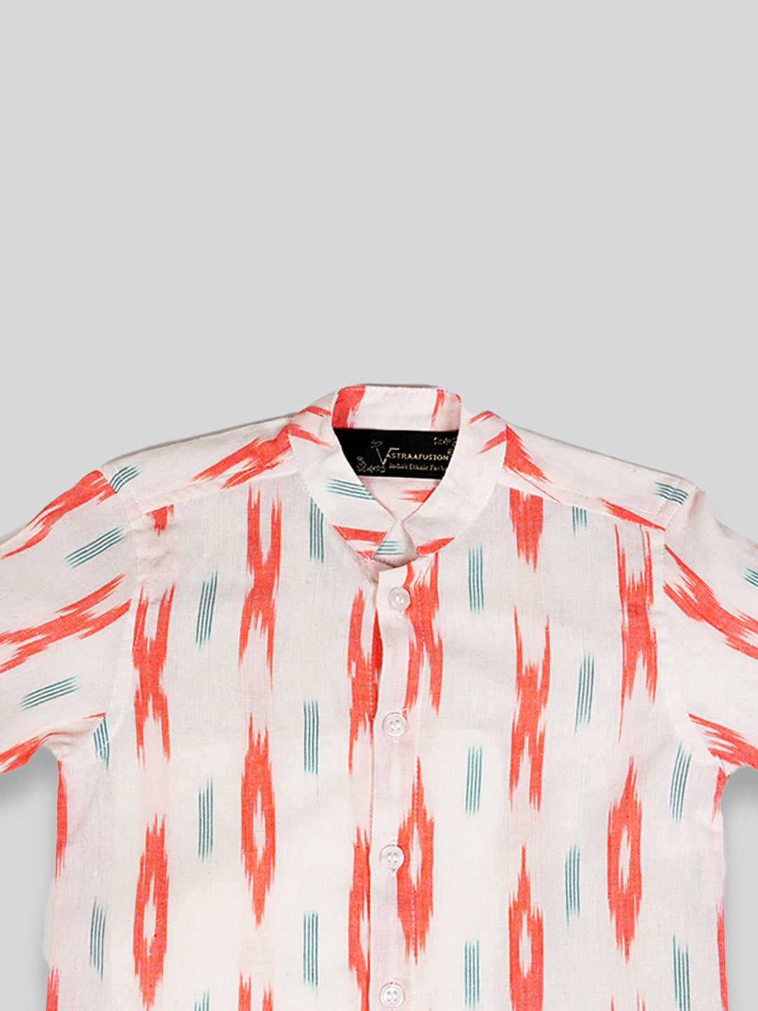 Vastraa Fusion Ikat Print Pure Cotton Spread Collar, Helf Sleeves, Button Shirt Casual Wear For Kid's