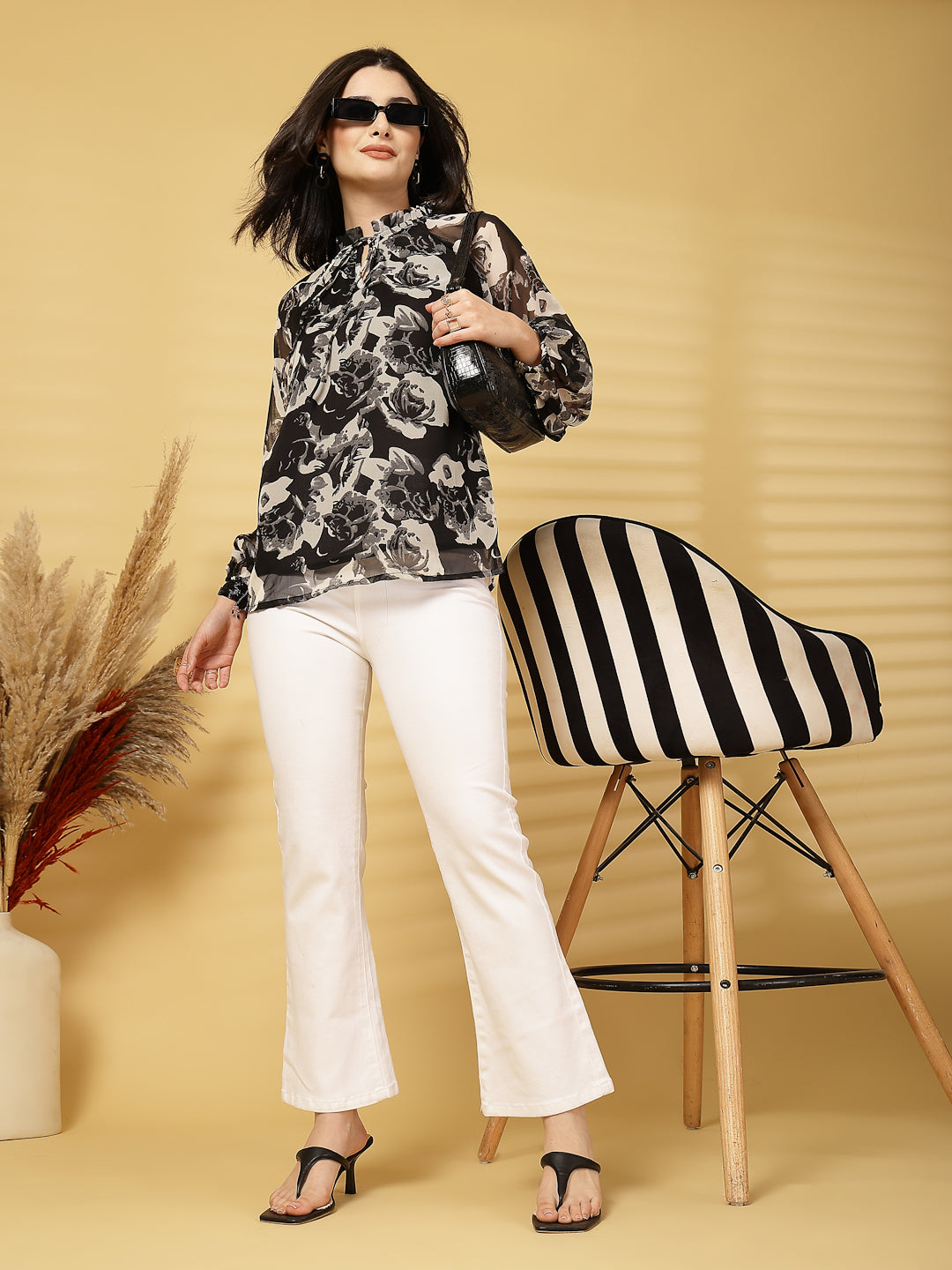 Vastraa Fusion Women's Chiffon Top Tied-Up Ruffle Neck, Sheer Bishop Sleeves, Elegant Casual Top