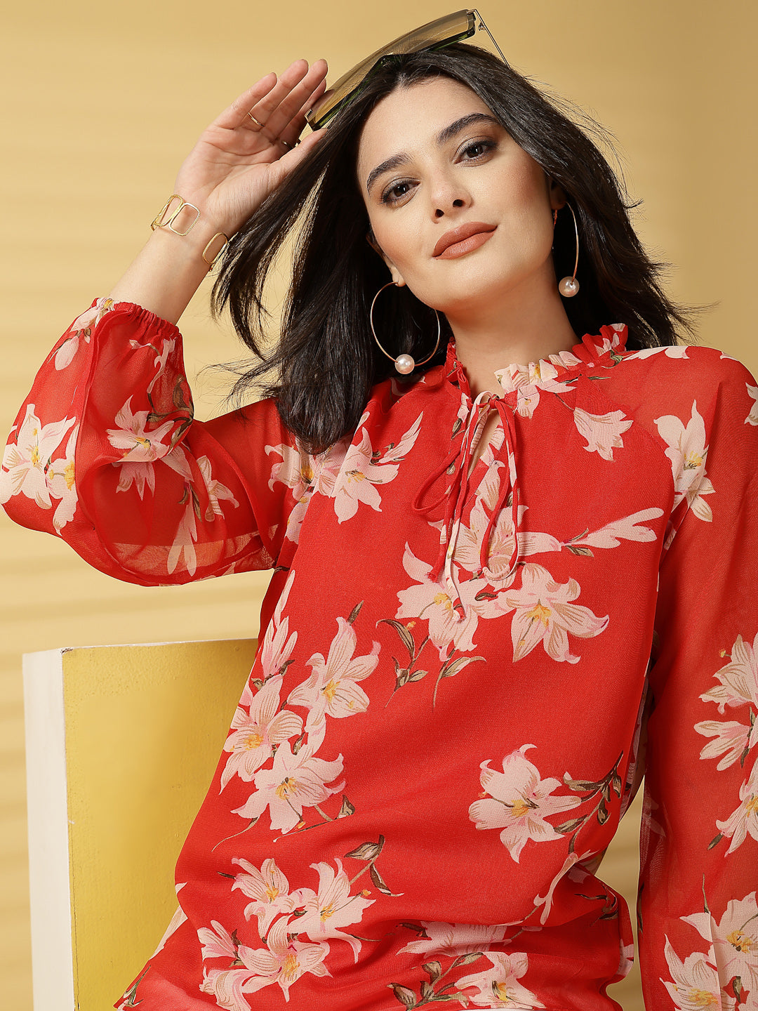 Vastraa Fusion Women's Chiffon Top Tied-Up Ruffle Neck, Sheer Bishop Sleeves, Elegant Casual Top