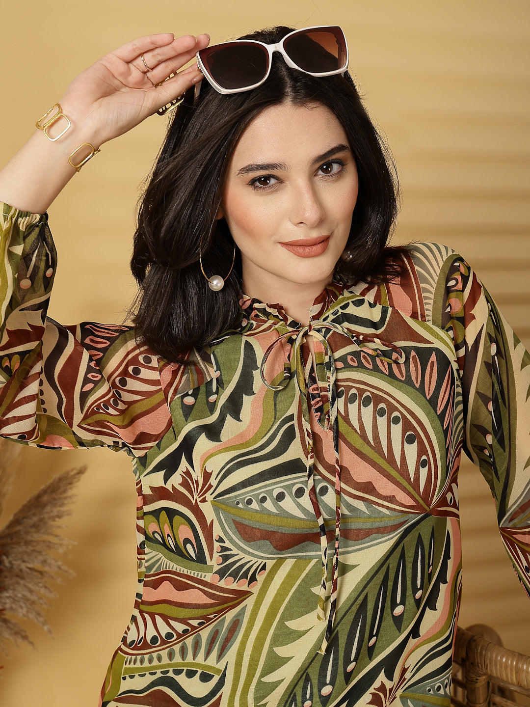 Vastraa Fusion Women's Chiffon Top Tied-Up Ruffle Neck, Sheer Bishop Sleeves, Elegant Casual Top