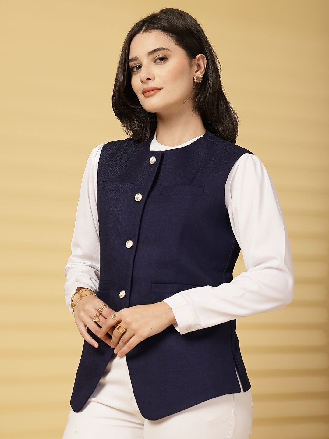 Vastraa Fusion Women's 4 Pocket Jacket Traditional Regular Fit Cotton Solid Jacket/Waistcoat