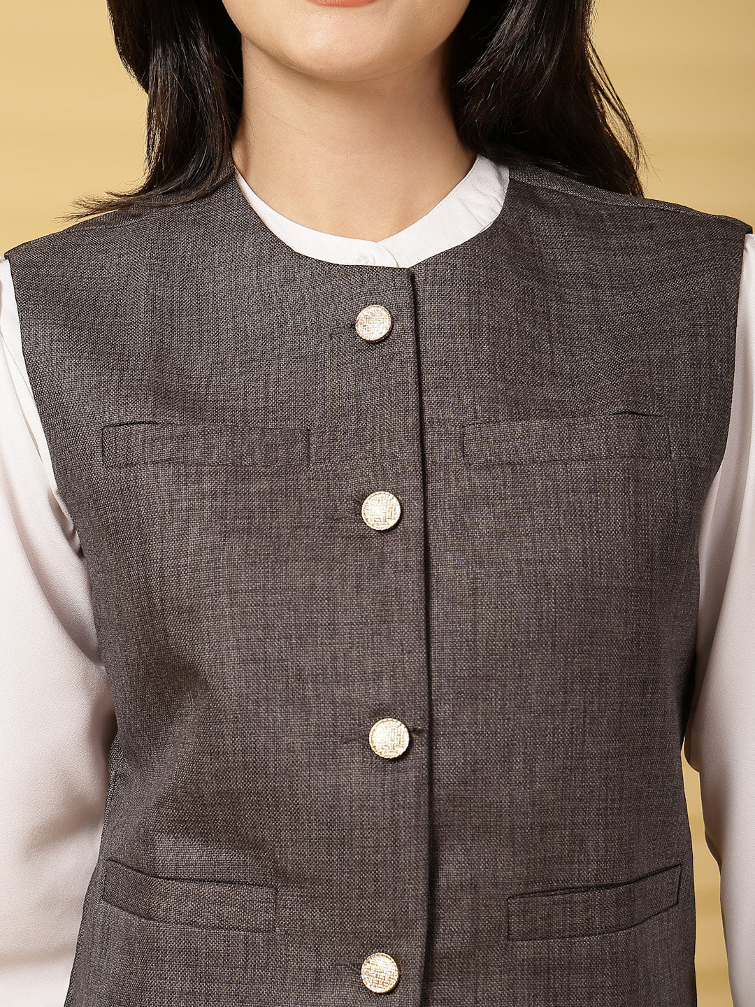 Vastraa Fusion Women's 4 Pocket Jacket Traditional Regular Fit Cotton Solid Jacket/Waistcoat