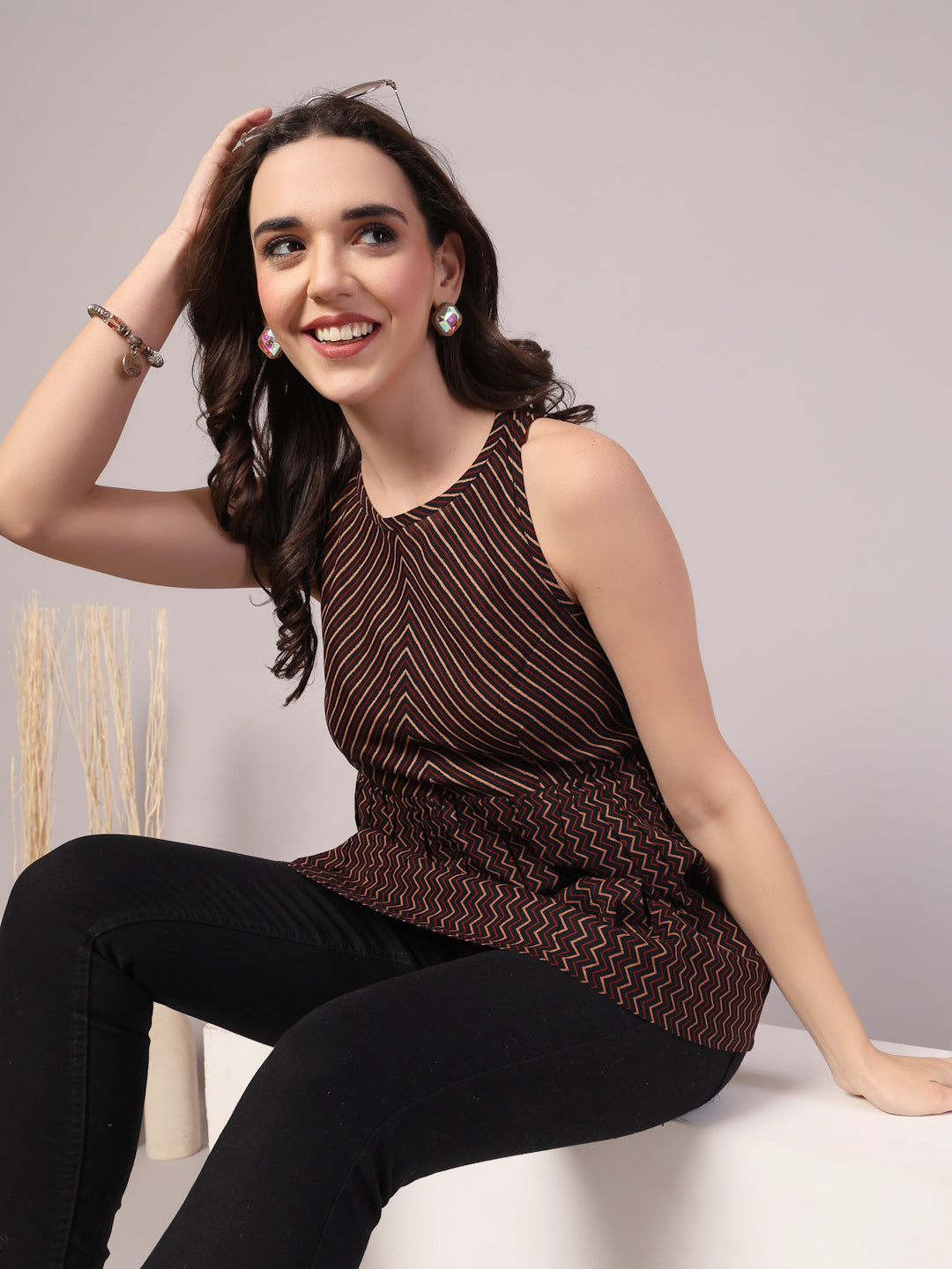 Vastraa Fusion Cotton Geometric Print Back Zig Zag Pattern Shirt Halter Neck Peplum Women's Top