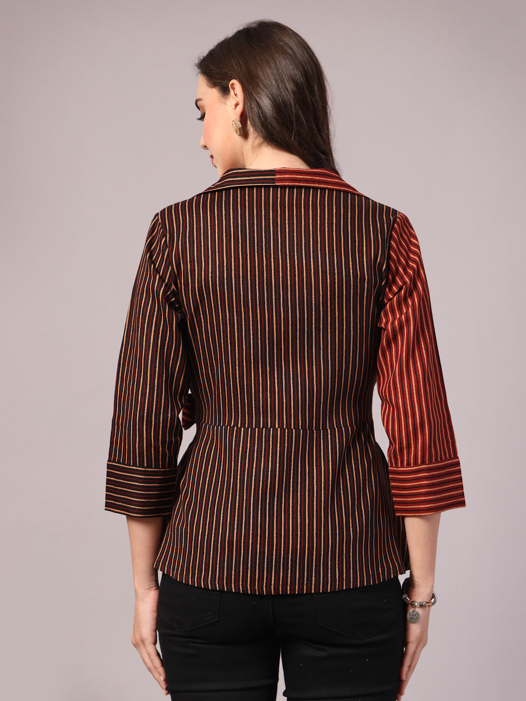 Vastraa Fusion Cotton Women's Wrap Top with Belt V-Neck Striped Shirt 3/4 Sleeve Overlapping Front Panels Top