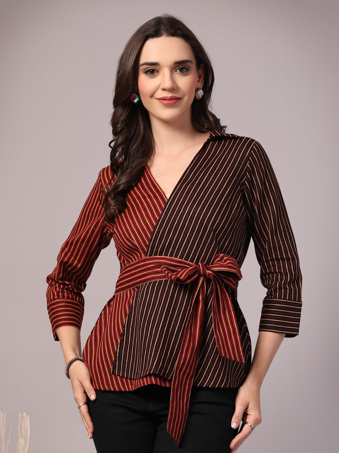 Vastraa Fusion Cotton Women's Wrap Top with Belt V-Neck Striped Shirt 3/4 Sleeve Overlapping Front Panels Top