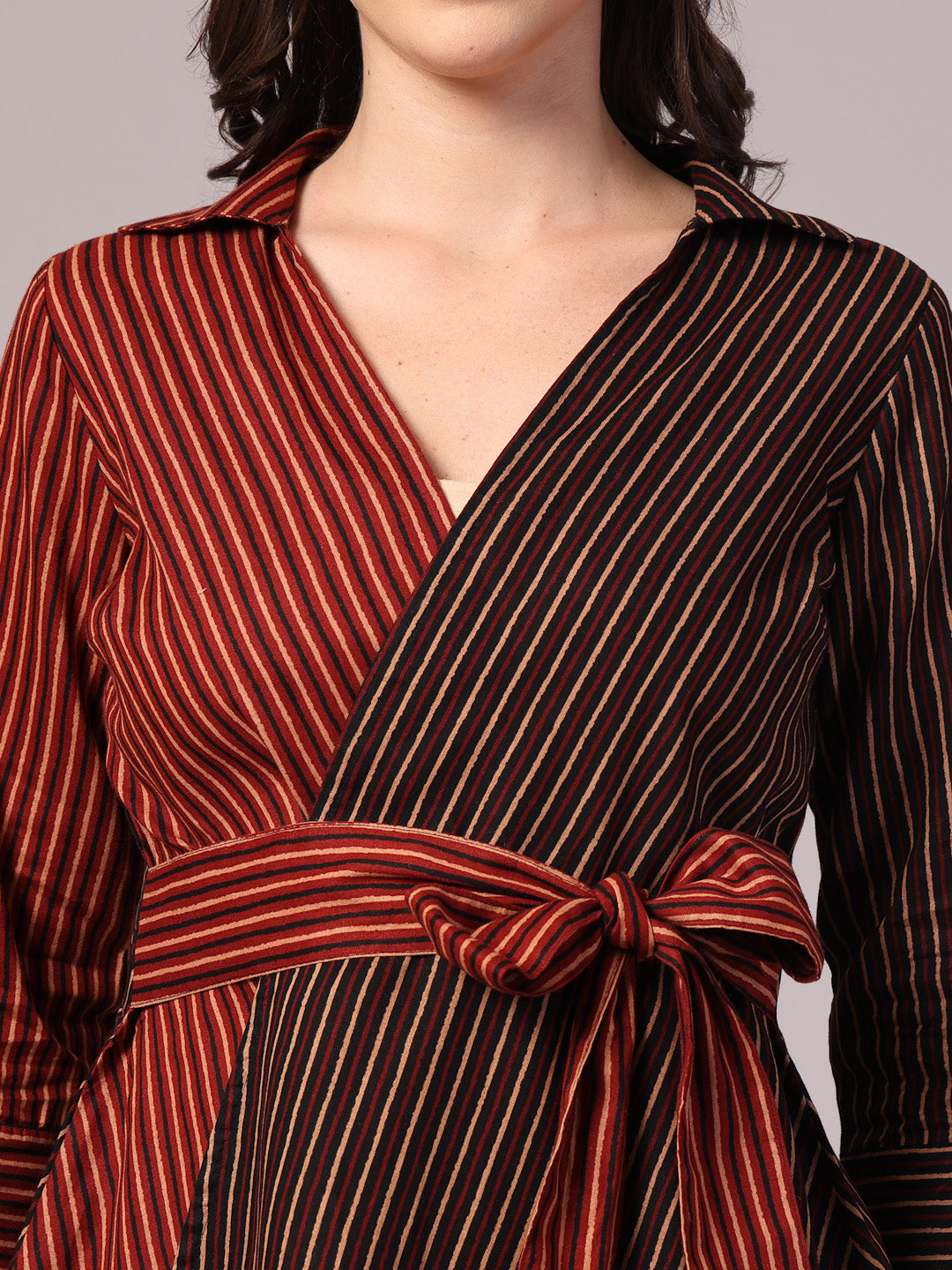 Vastraa Fusion Cotton Women's Wrap Top with Belt V-Neck Striped Shirt 3/4 Sleeve Overlapping Front Panels Top