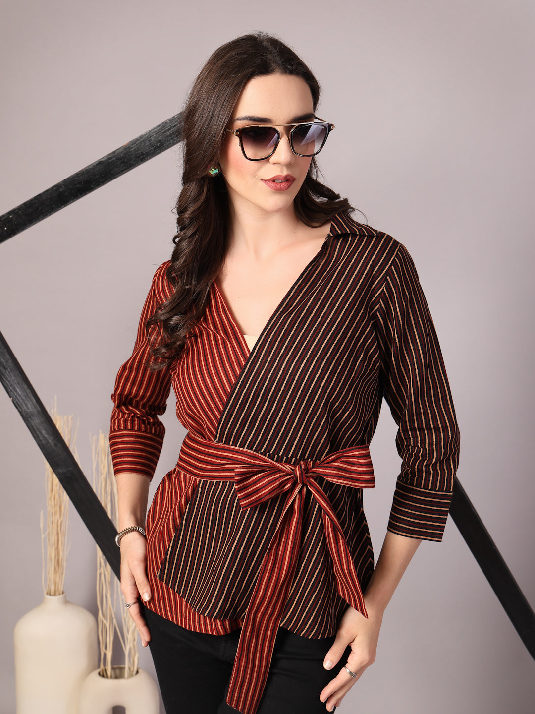 Vastraa Fusion Cotton Women's Wrap Top with Belt V-Neck Striped Shirt 3/4 Sleeve Overlapping Front Panels Top