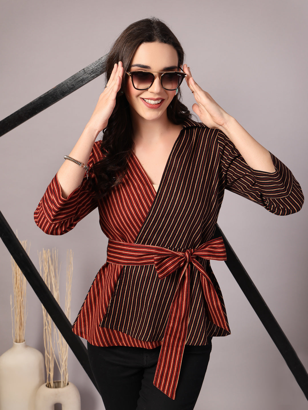 Vastraa Fusion Cotton Women's Wrap Top with Belt V-Neck Striped Shirt 3/4 Sleeve Overlapping Front Panels Top