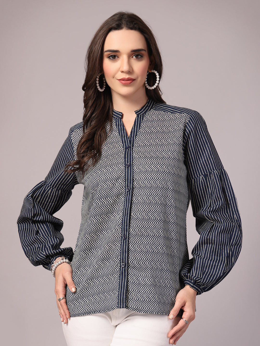 Vastraa Fusion Cotton Women's Casual Mandarin Neck Balloon Sleeves Stylish Regular Fit Shirt
