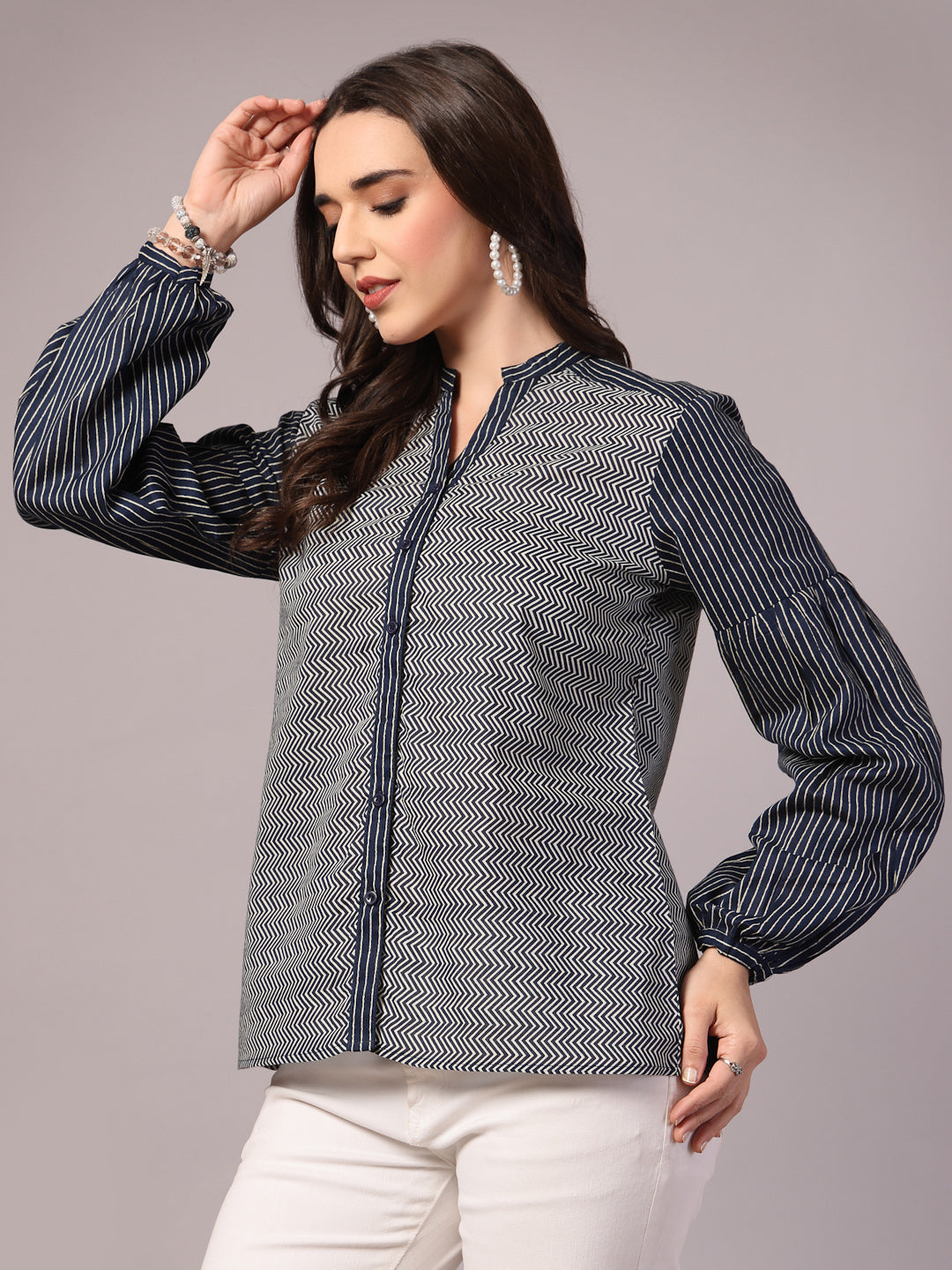 Vastraa Fusion Cotton Women's Casual Mandarin Neck Balloon Sleeves Stylish Regular Fit Shirt