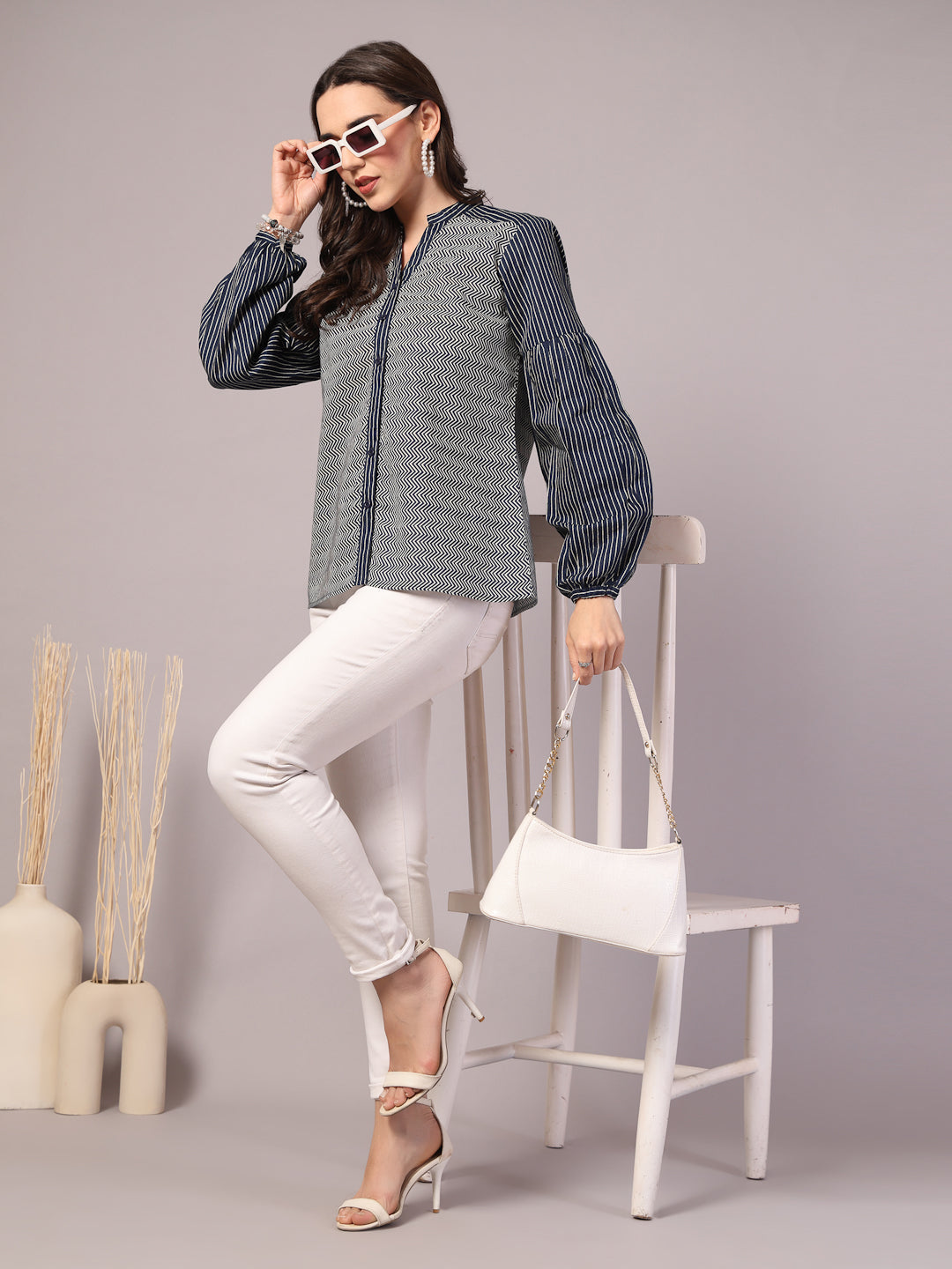 Vastraa Fusion Cotton Women's Casual Mandarin Neck Balloon Sleeves Stylish Regular Fit Shirt